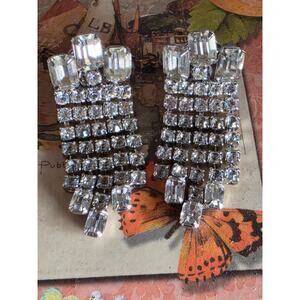 1950's KRAMER of New York Clear Crystal Silver Tone Waterfall Clip-On Earrings